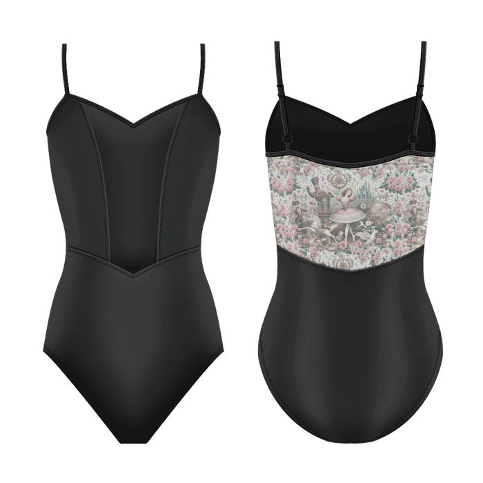 Black swimsuit with floral patterned underwire on a white background