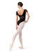 Ballerina in a black leotard and white tights on a white background