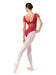 Ballerina in a red leotard and white tights on a white background