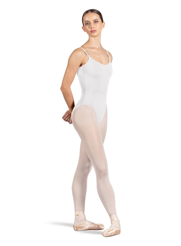 Ballerina wearing a white leotard and beige tights on a white background
