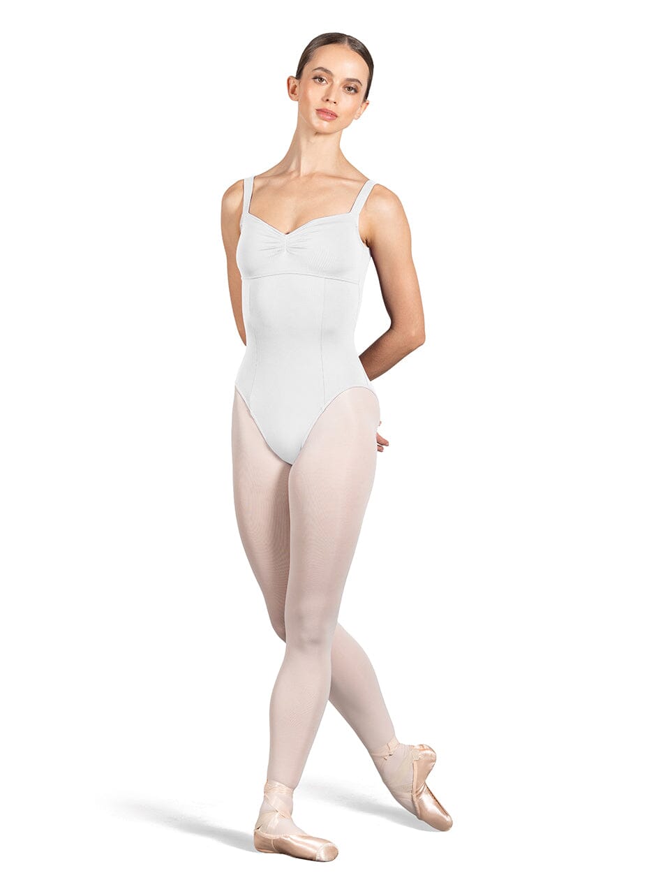 Ballerina in a white leotard and pink tights on a white background