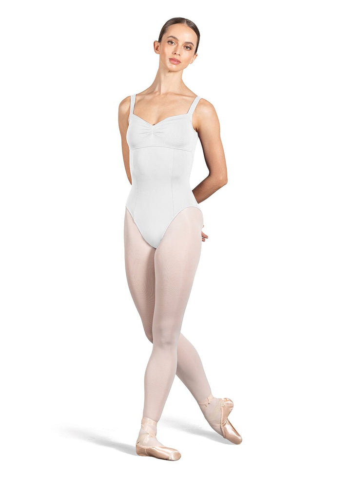 Ballerina in a white leotard and pink tights on a white background