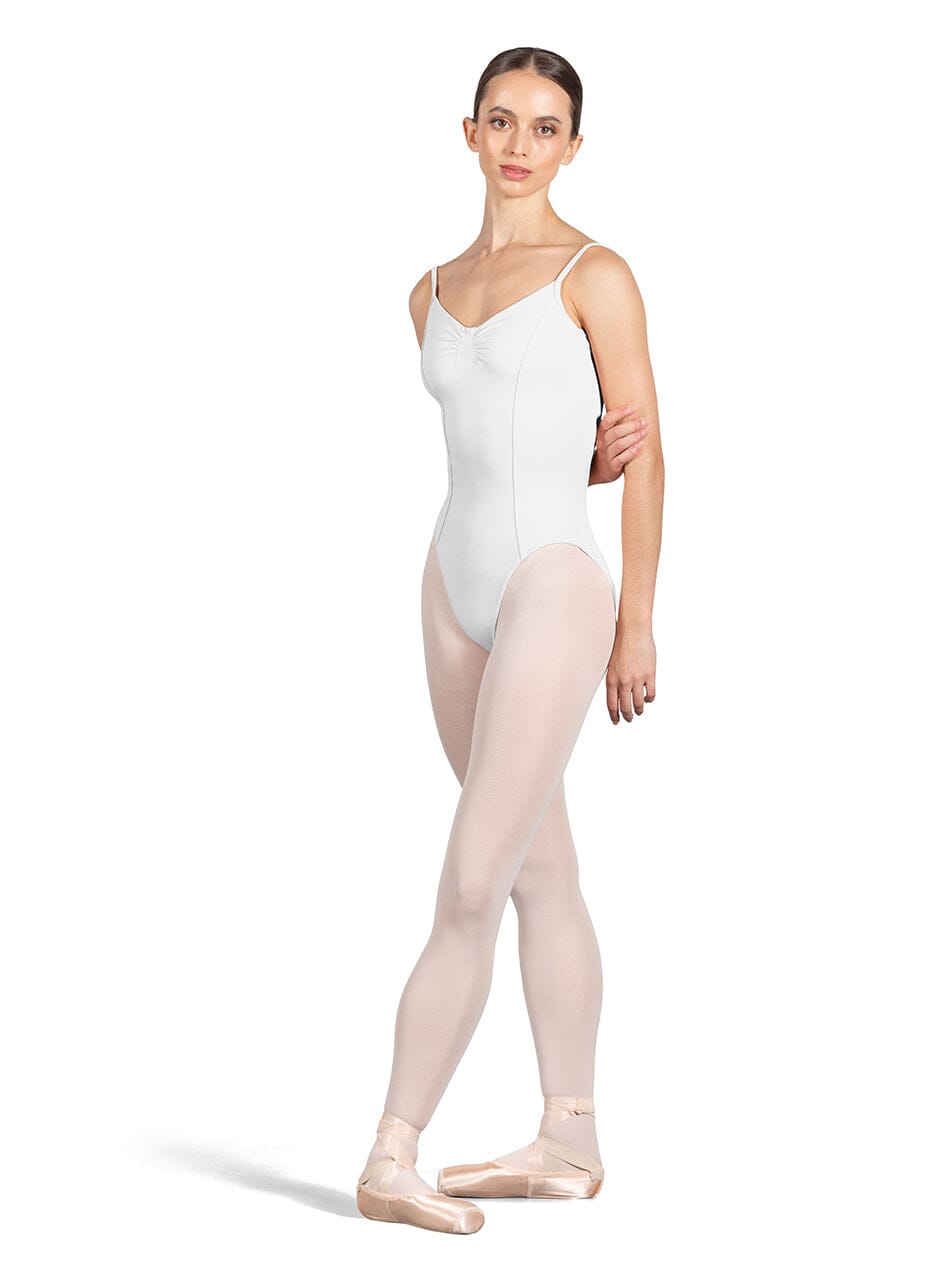 Ballerina wearing a white leotard and pink tights on a white background