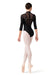 Ballerina wearing a black leotard with floral lace details and white tights on a white background
