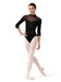 Dancer wearing a black leotard with sheer mesh panels on a white background