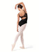 Ballerina in a black leotard and beige tights on a white background