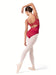 Ballerina in a red leotard and beige tights on a white background