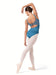 Ballerina in a blue leotard and white tights on a white background