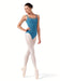 Ballerina in a blue leotard and white tights on a white background