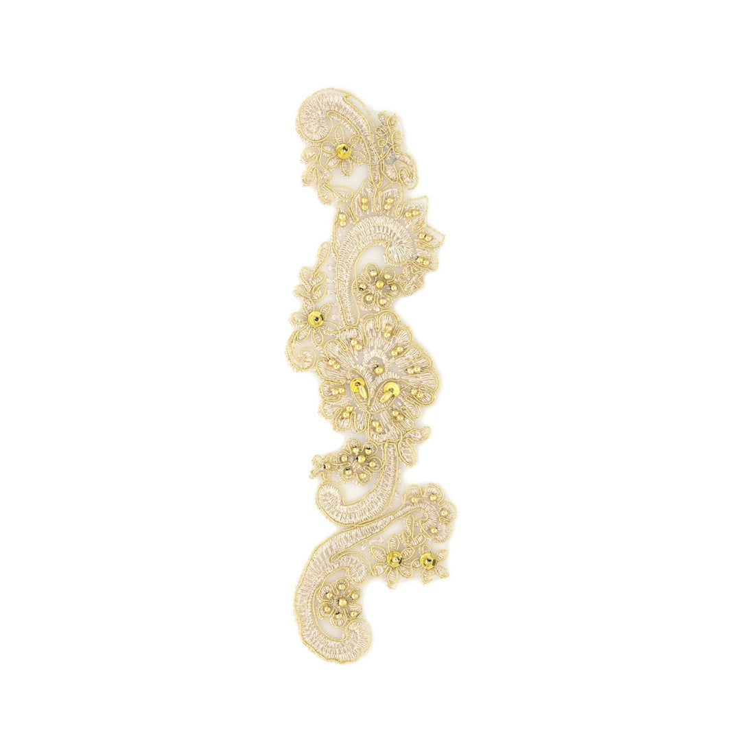 Decorative lace trim with gold embellishments on a white background