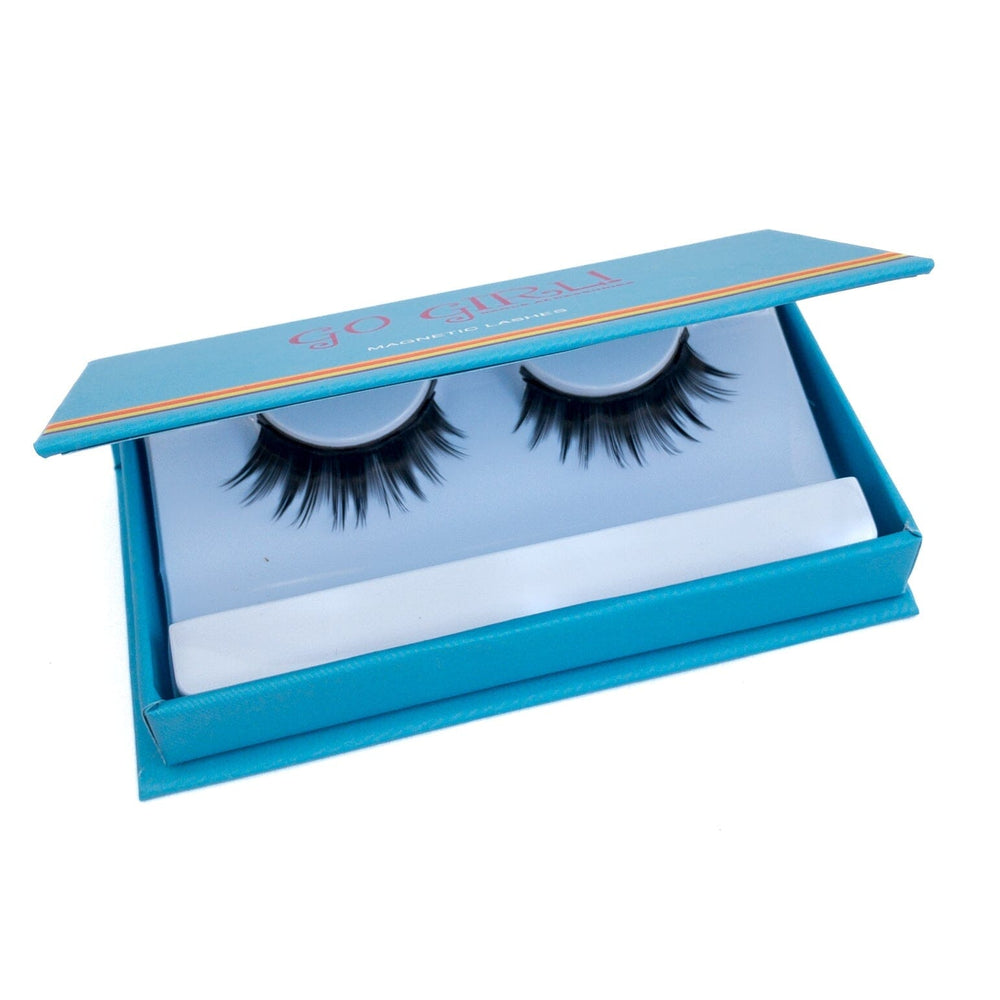 Blue box containing false eyelashes on a white background