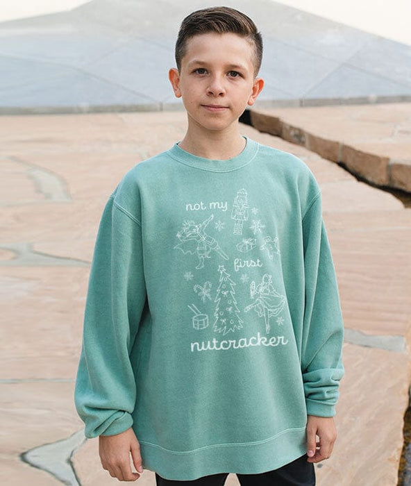 Child wearing a teal sweatshirt with a graphic design outdoors