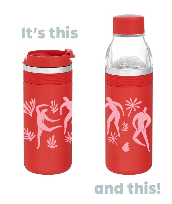 Two red water bottles with pink designs on a white background