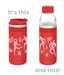 Two red water bottles with pink designs on a white background