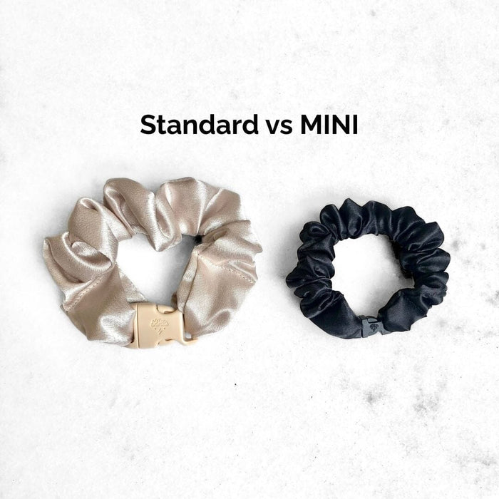 Two scrunchies, one standard size and one mini size, on a white background with text 'Standard vs MINI'.
