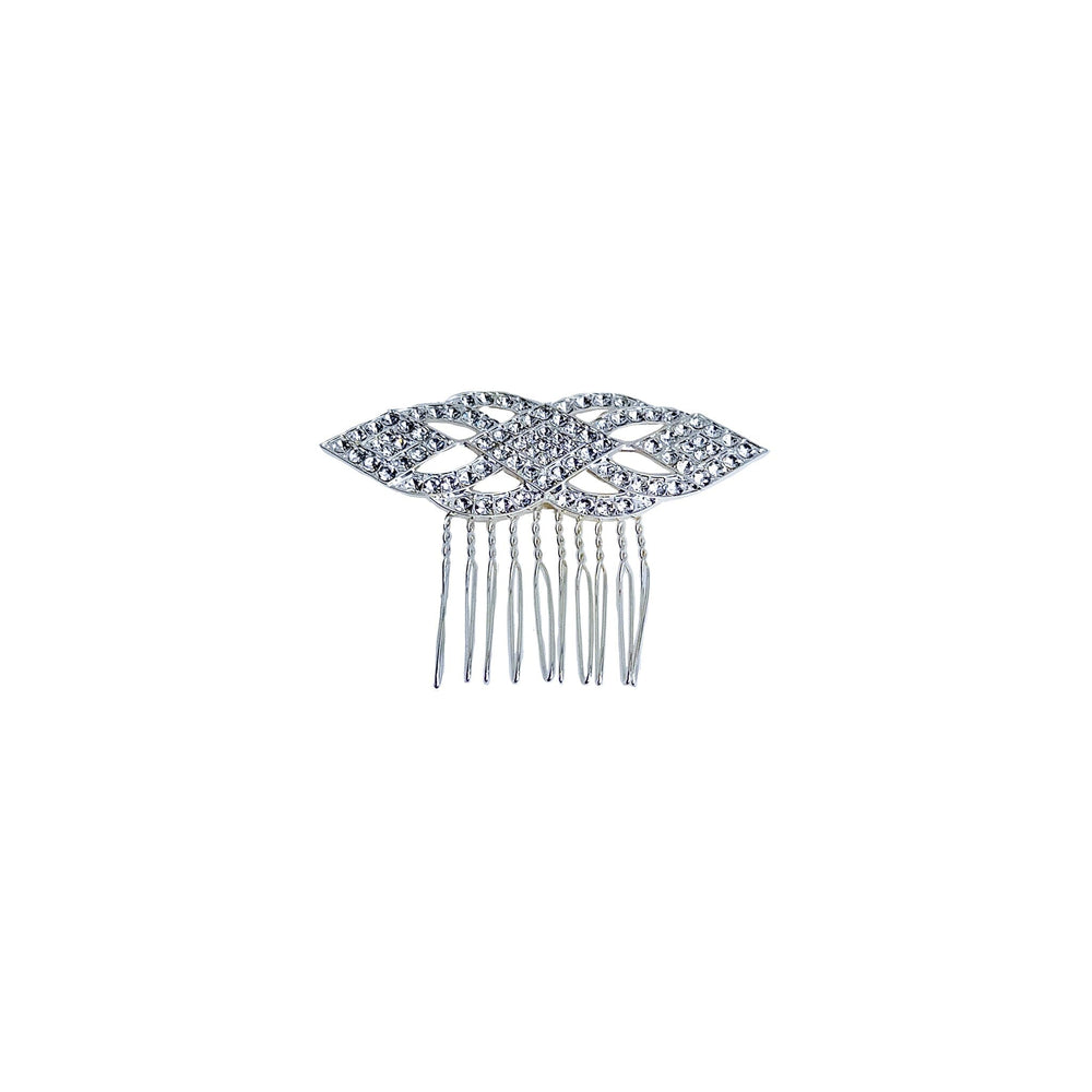Silver hair comb with gemstones on a white background