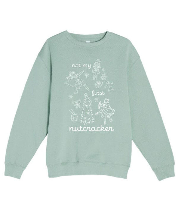 Light green sweatshirt with white graphic and text on a white background