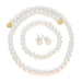 Pearl necklace and earrings set on a white background