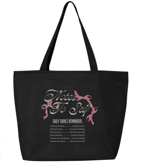 Black tote bag with 'Notes to Self' text and pink ribbons on a white background