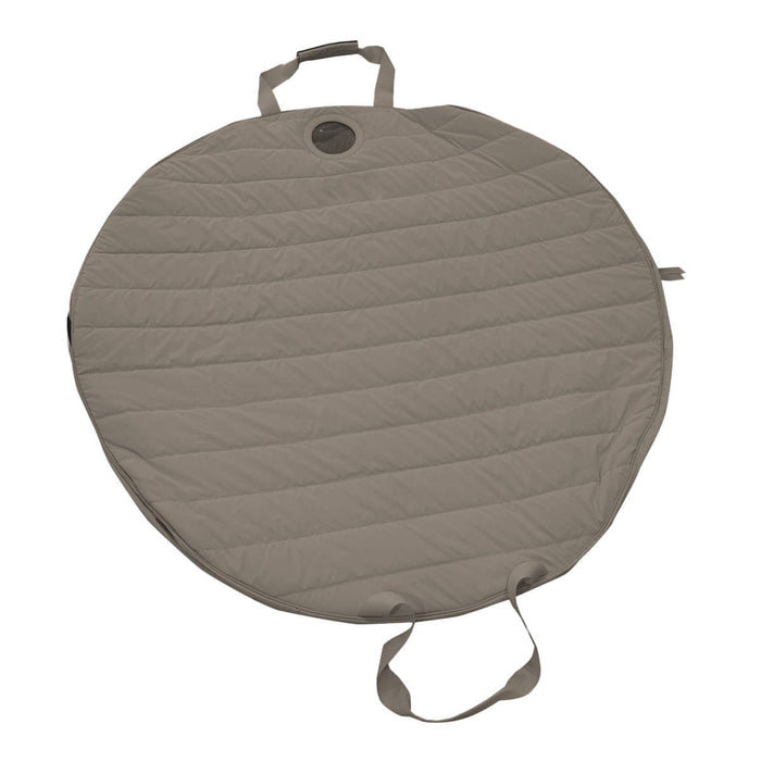 Round gray quilted bag with handles on a white background