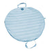 Round light blue quilted bag with handles on a white background