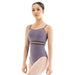 Woman wearing a purple leotard on a white background