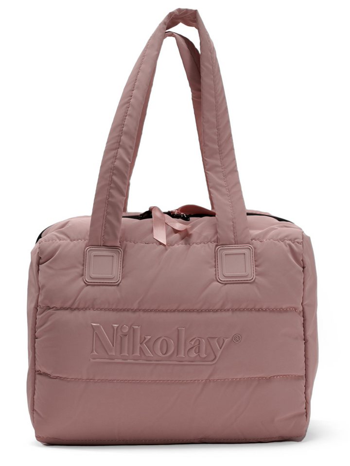 Pink quilted handbag with 'Nikolay' branding on a white background
