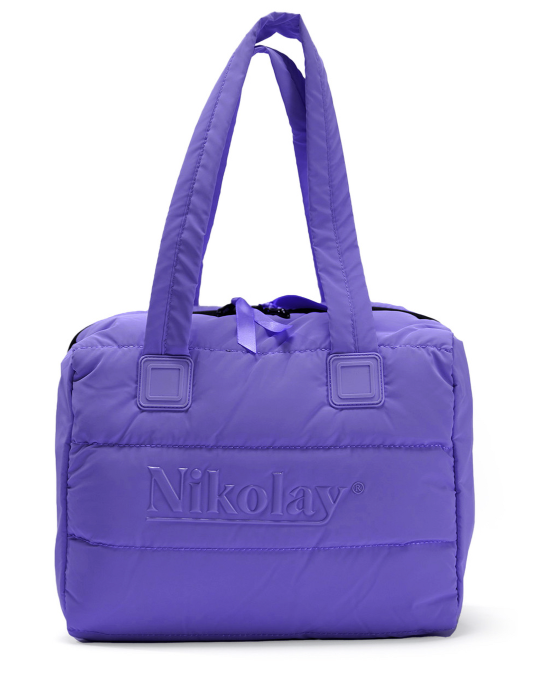 Purple tote bag with 'Nikolay' branding on a white background