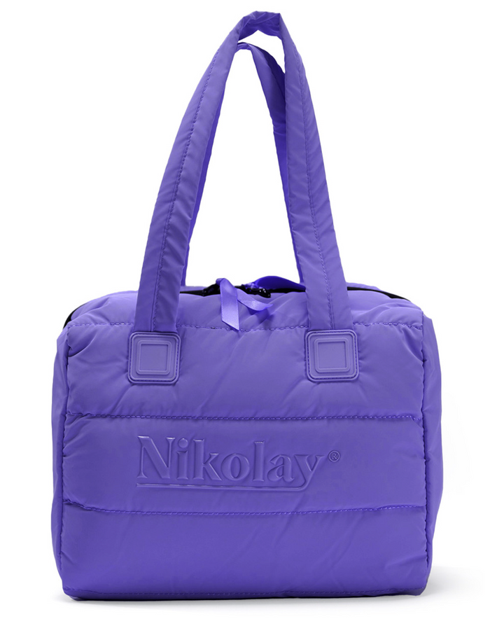 Purple tote bag with 'Nikolay' branding on a white background