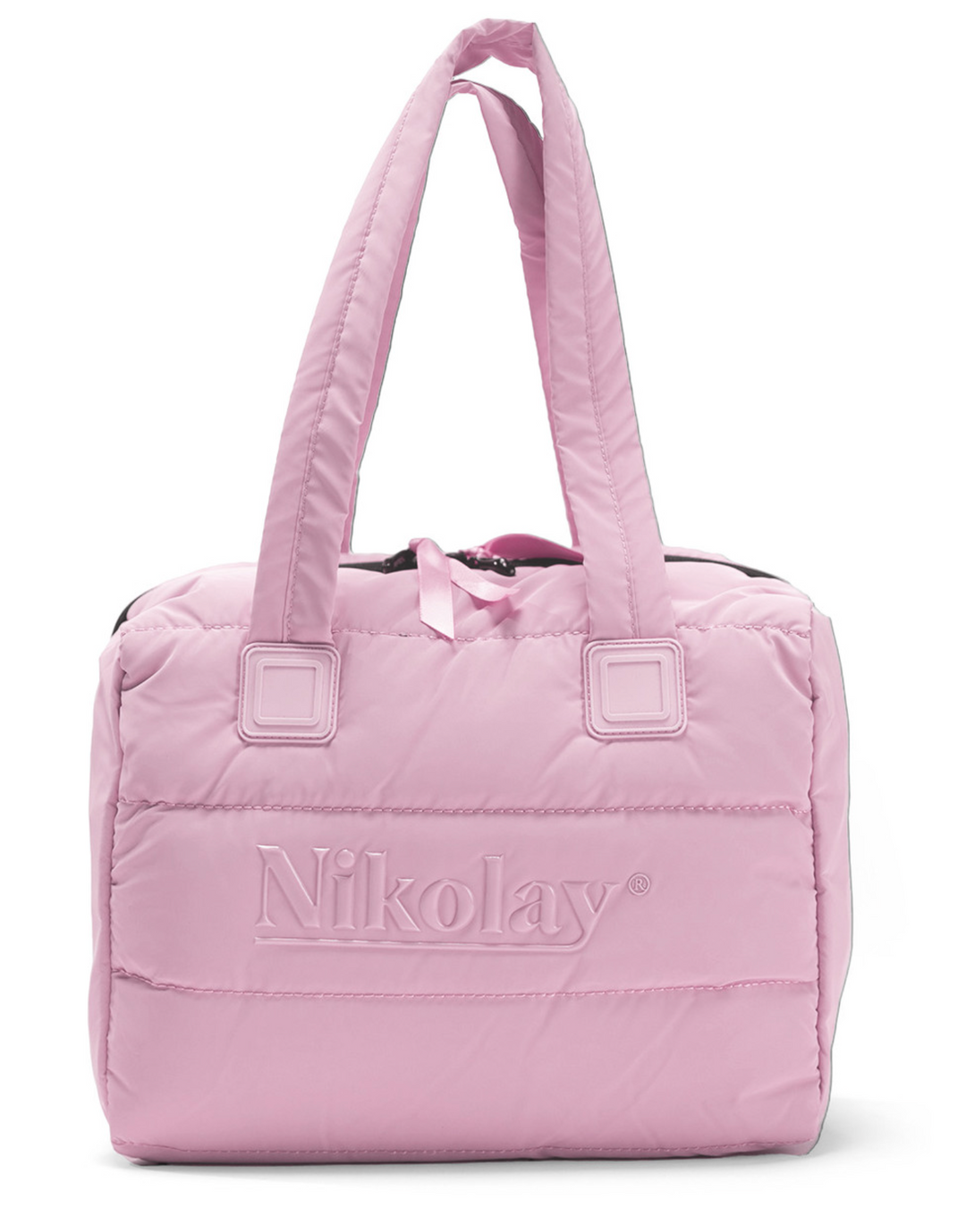 Pink quilted bag with 'Nikolay' branding on a white background