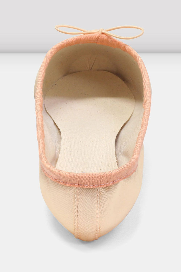 A single ballet flat shoe in a pale peach-pink color, shown from a top-down view on a light gray background.