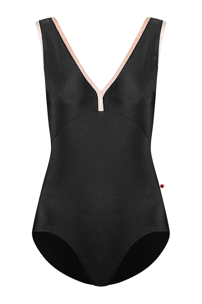 Black swimsuit with pink trim on a white background