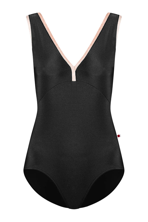 Yumiko Alicia tank leotard in black with pink trim, front view