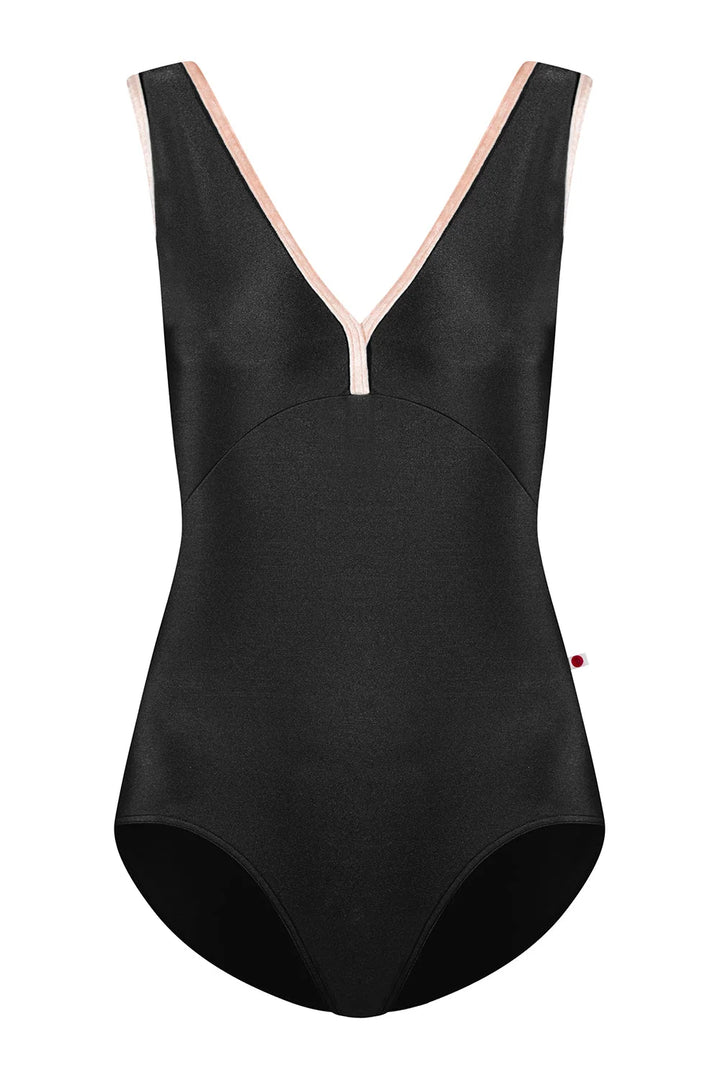 Black swimsuit with pink trim on a white background
