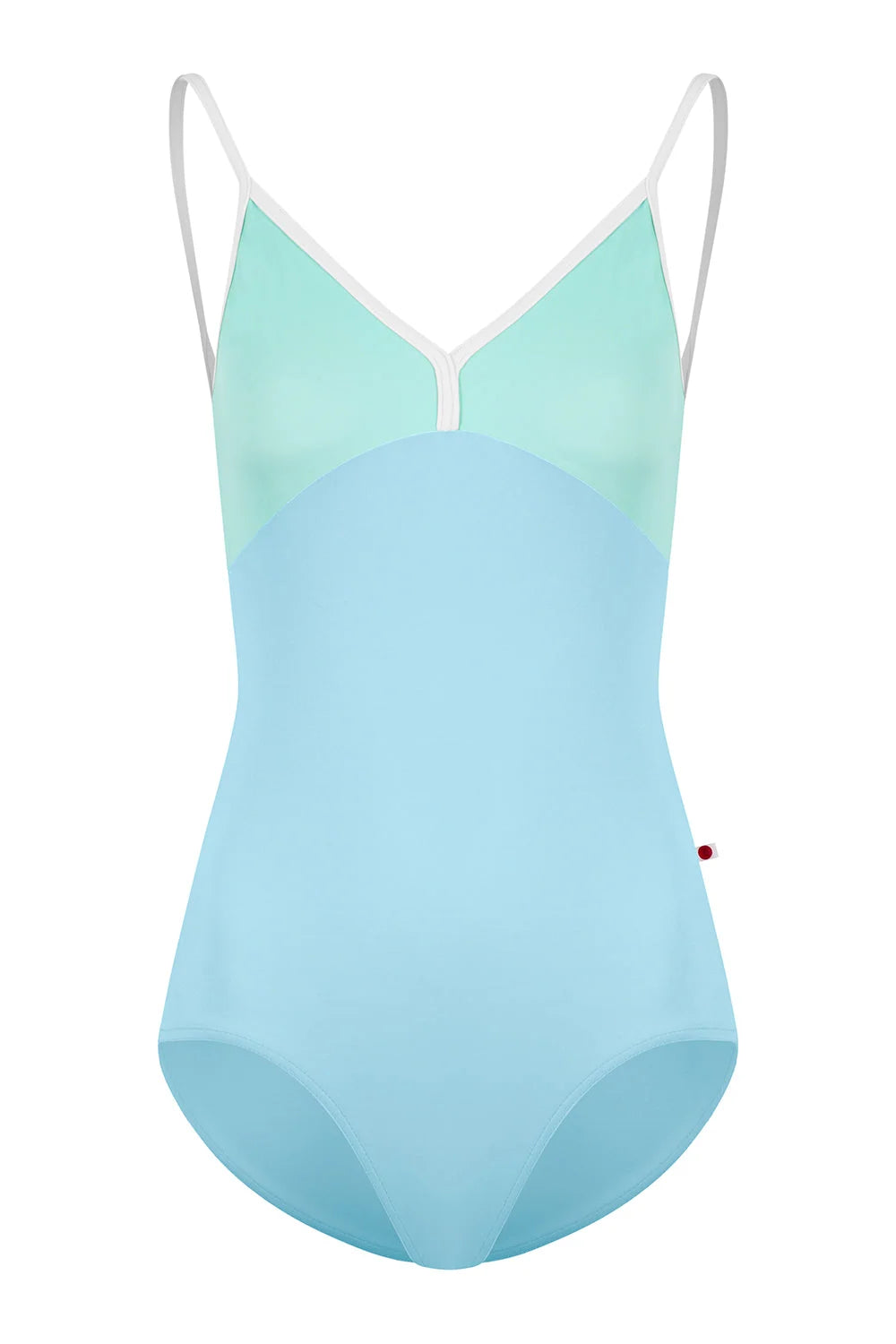 A colorblock one-piece swimsuit with a light blue body, a mint green V-neckline, and thin white shoulder straps, shown against a plain white background.