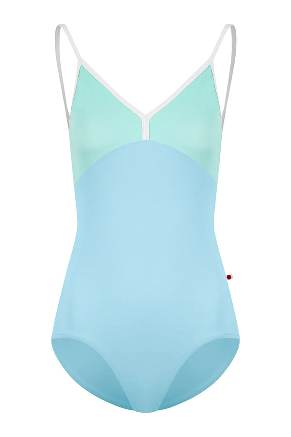 Yumiko Daria camisole leotard in light blue with mint green V neckline, front view