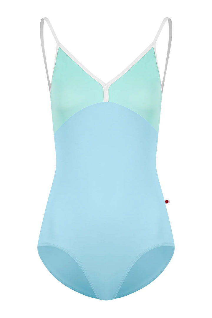 A colorblock one-piece swimsuit with a light blue body, a mint green V-neckline, and thin white shoulder straps, shown against a plain white background.