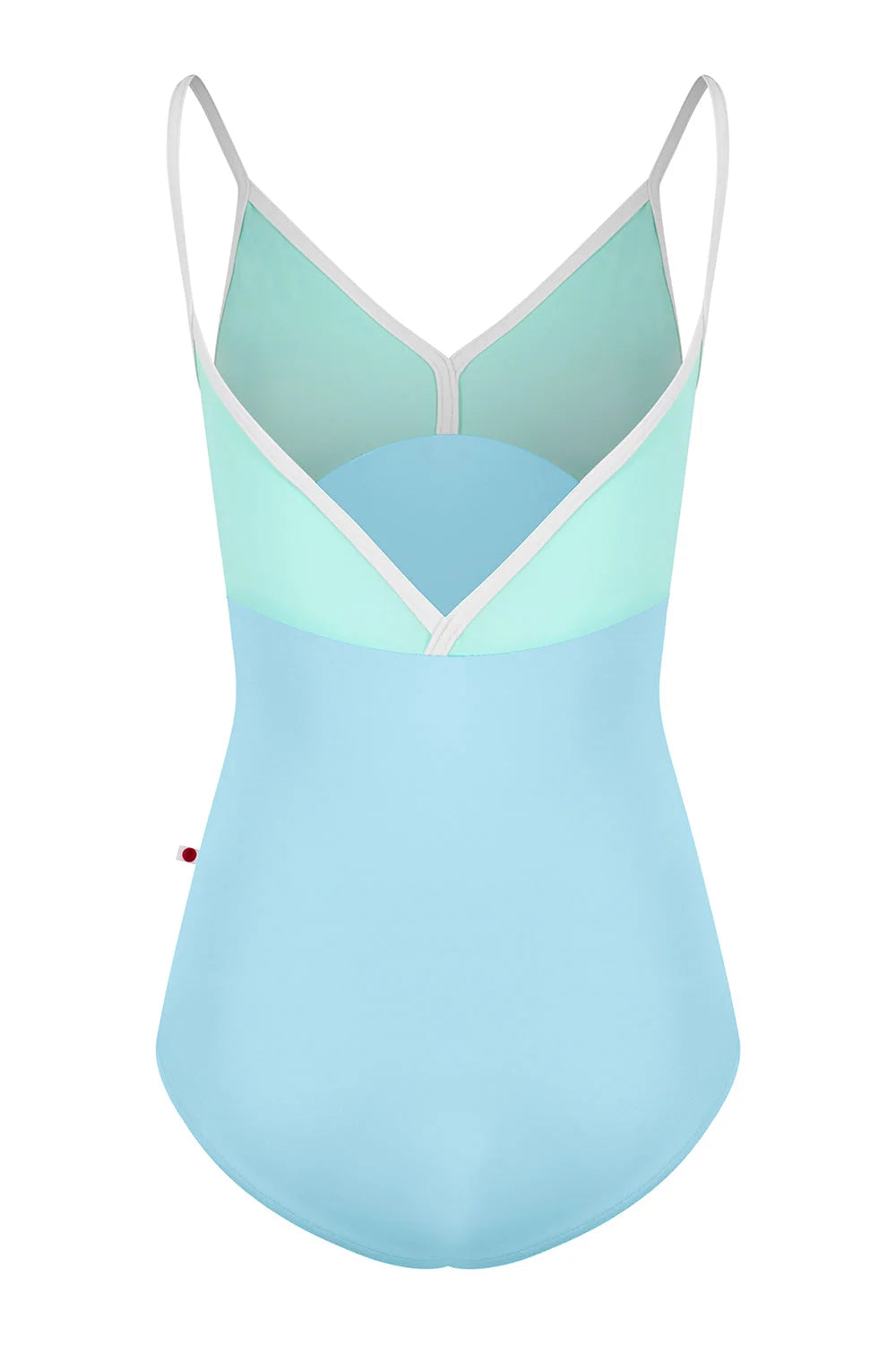 Light blue and green one-piece swimsuit with thin straps on a white background