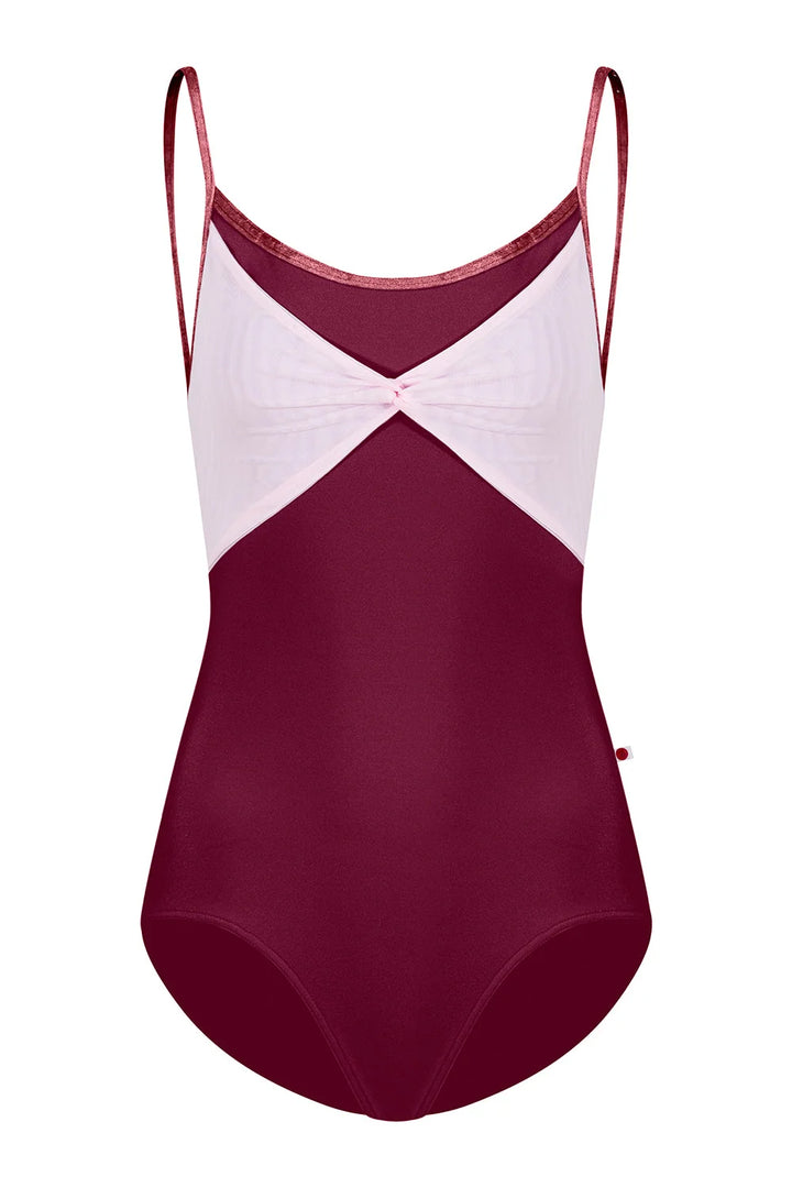 One-piece swimsuit with maroon and white color scheme on a white background