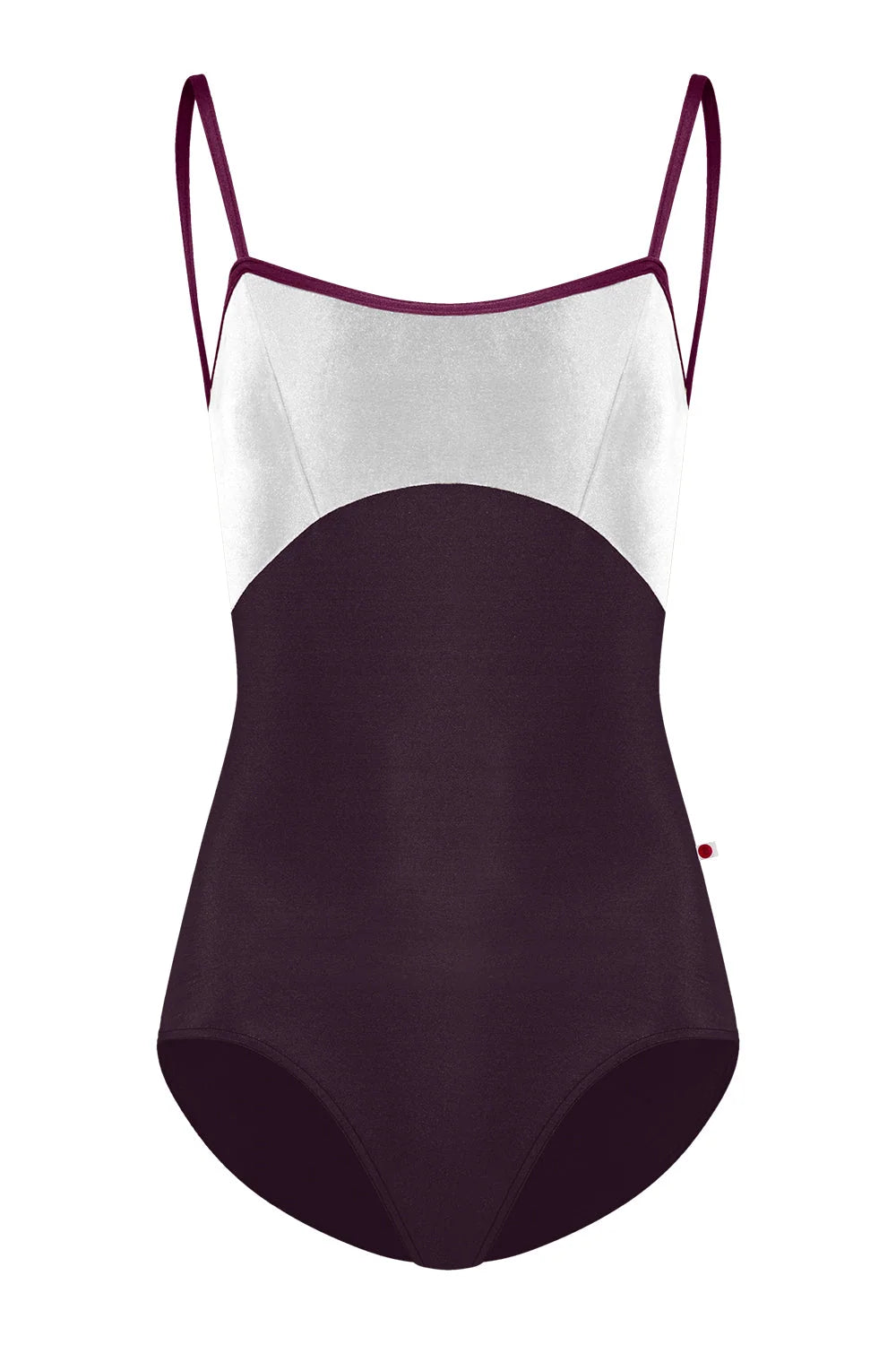 A color-blocked one-piece swimsuit with a white upper section, a dark plum purple lower section, and thin dark plum straps, shown against a plain white background.