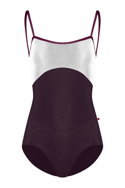 A color-blocked one-piece swimsuit with a white upper section, a dark plum purple lower section, and thin dark plum straps, shown against a plain white background.