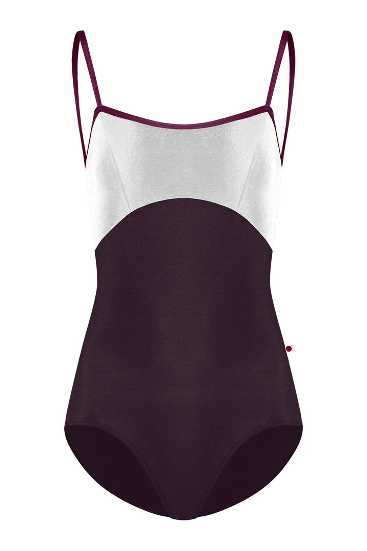 A color-blocked one-piece swimsuit with a white upper section, a dark plum purple lower section, and thin dark plum straps, shown against a plain white background.
