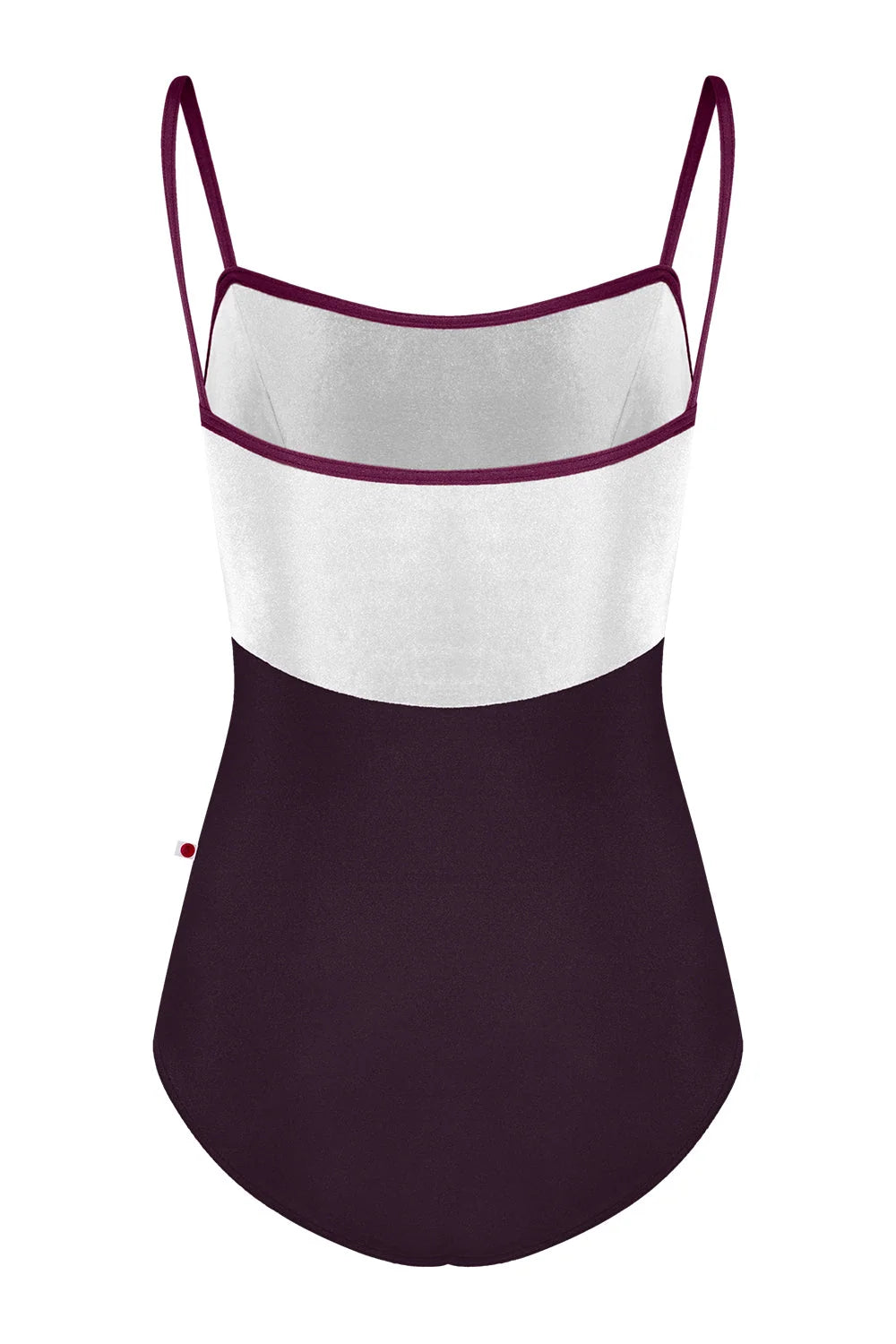 A color-blocked one-piece swimsuit with a white upper section, a dark plum purple lower section, and thin dark plum straps, shown against a plain white background.