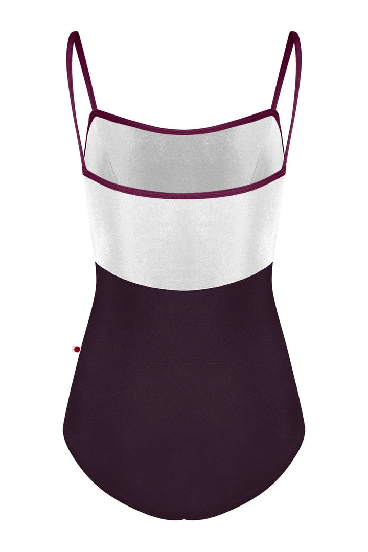 A color-blocked one-piece swimsuit with a white upper section, a dark plum purple lower section, and thin dark plum straps, shown against a plain white background.