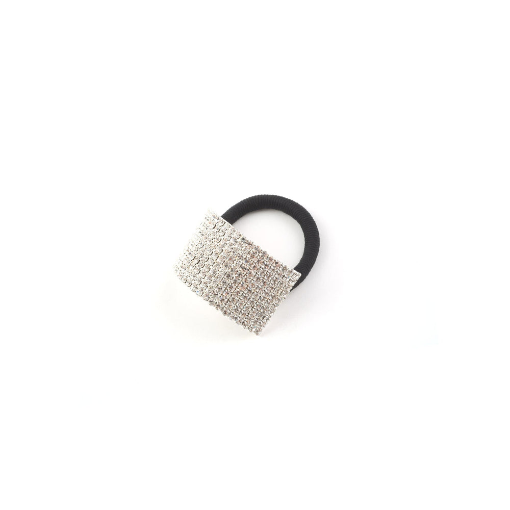 Silver rhinestone hair tie on a white background