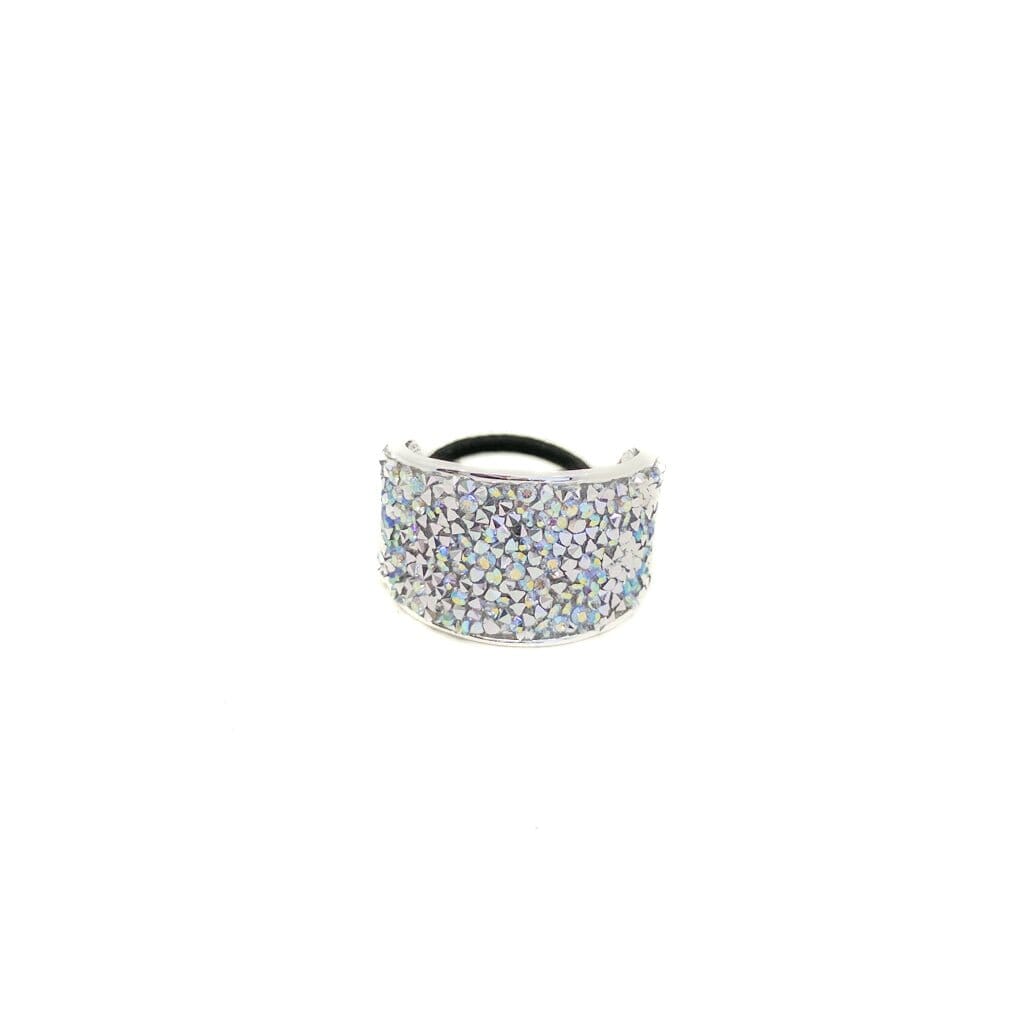 Silver hair tie with rhinestone embellishments on a white background