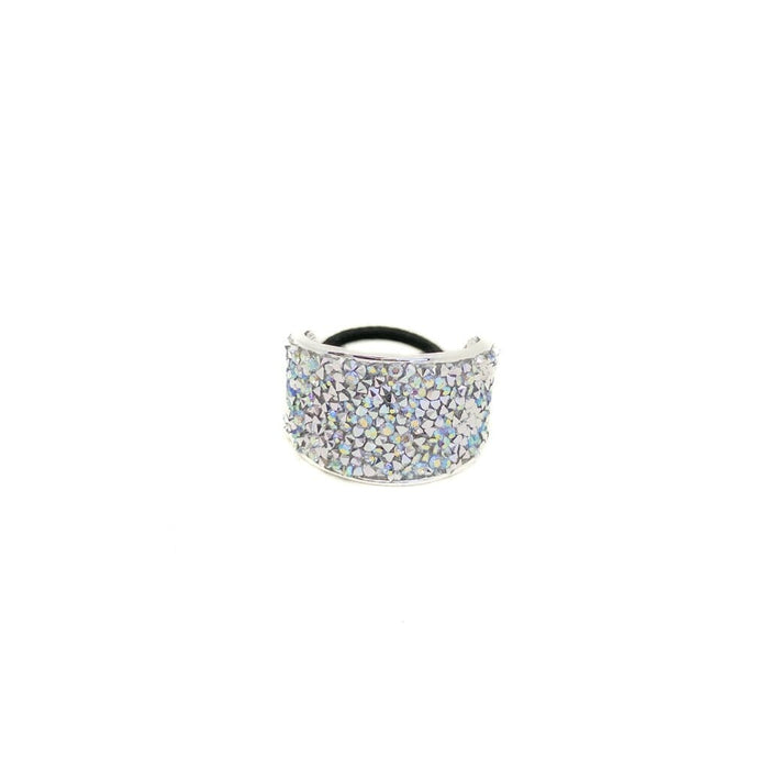 Silver hair tie with rhinestone embellishments on a white background