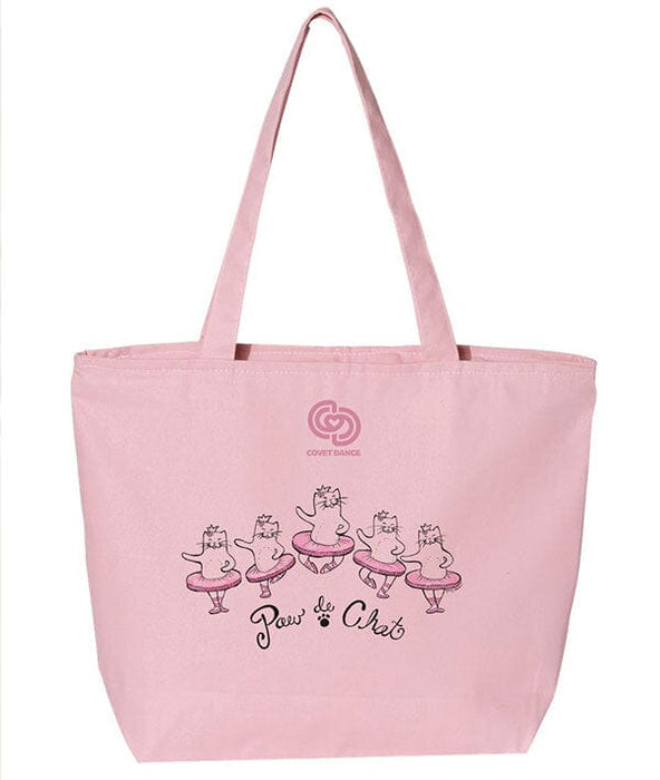Pink tote bag with cartoon cats design and brand logo on a white background