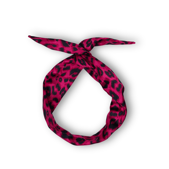 Pink leopard print bandana on a white background