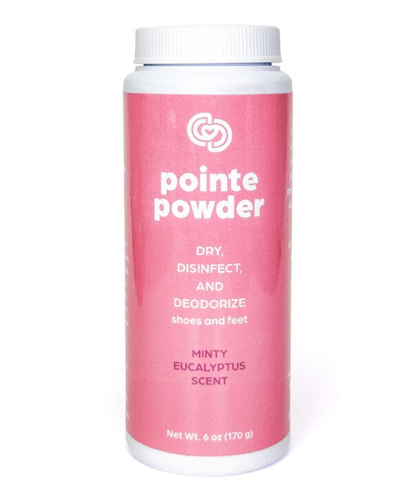 Pink container of pointe powder with white cap on a white background